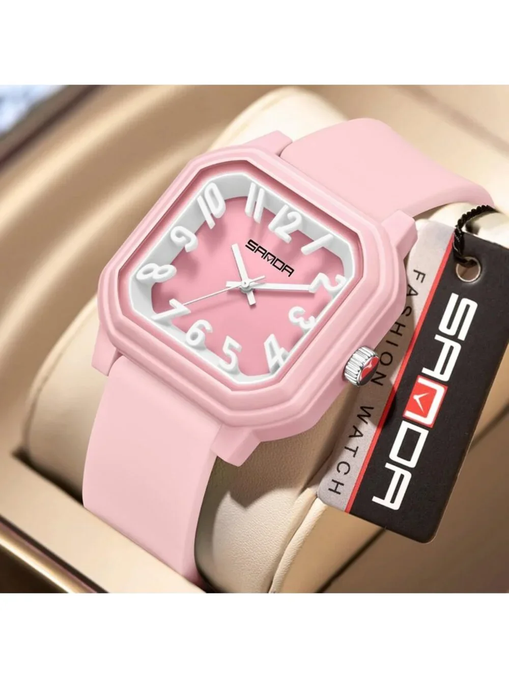 Women’s Pink Red Big Arabic Numbers Silicone Strap Analog Square Wrist Watch